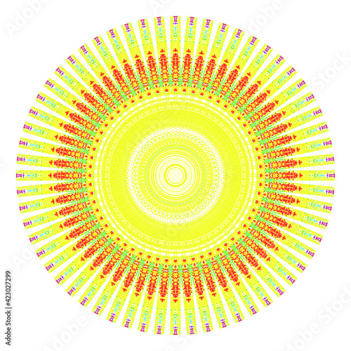 Creative multicolored points round symbol. Abstract symmetrical logo. Mosaic colorful beautiful beads. Circle dots modern pixel floral art icon. Colored pattern ornament wheel decorative illustration.