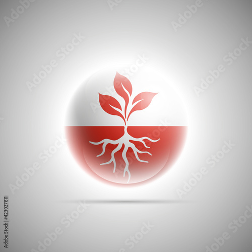 organic luminous sphere, Young plant shoots with roots button icon for ecological topics. Natural logo. Organic badge