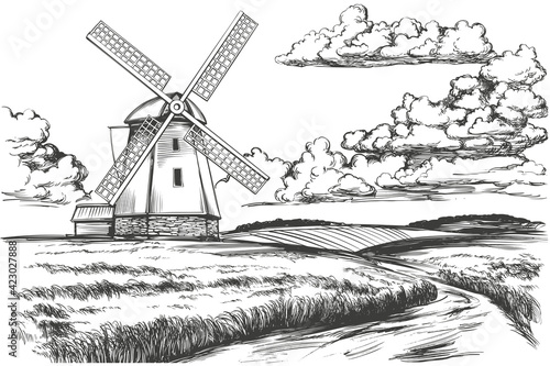 windmill in the field, countryside, summer landscape, hand drawn vector illustration realistic sketch