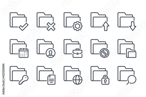 Folder and file management line icon set. Archive settings linear icons. Document organization outline vector sign collection.