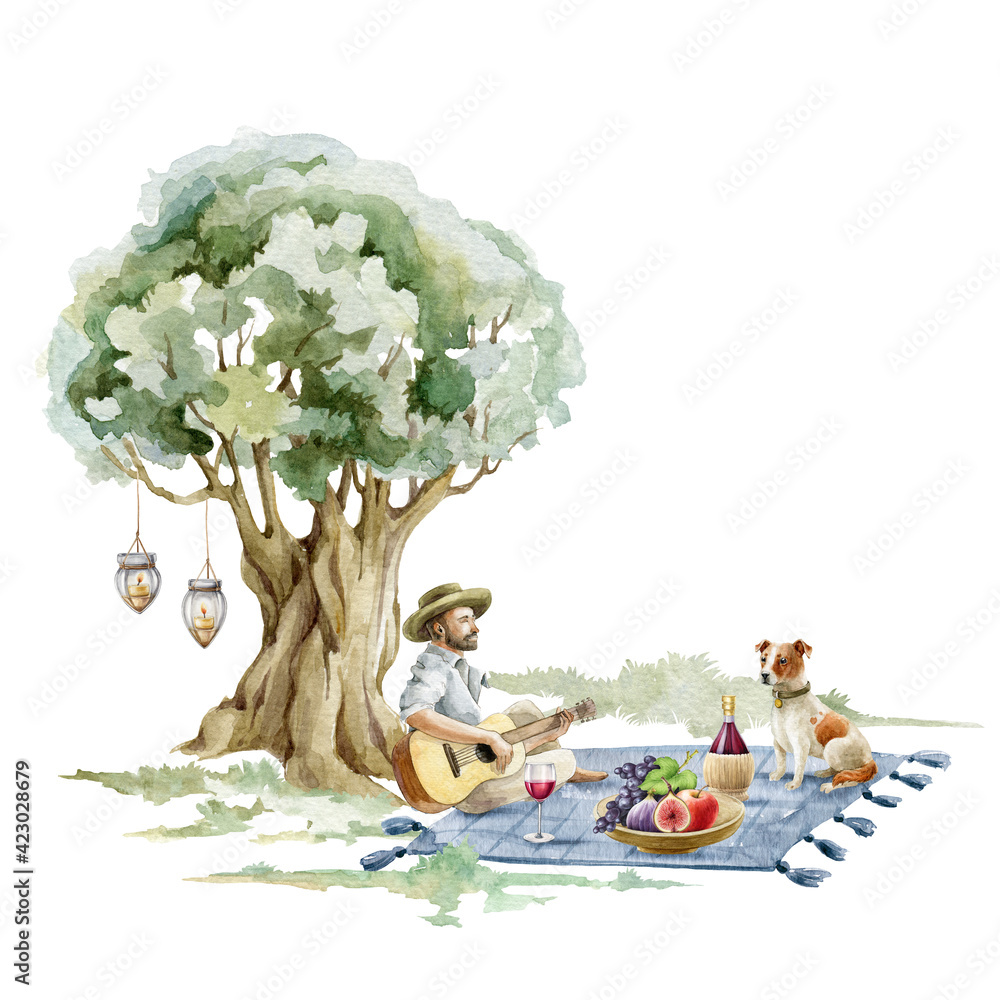 Man with guitar and dog under big tree. Watercolor picnic illustration.  Young guy playing guitar. Picnic outdoors in the park boho style. Relax,  self care illustration on white background Stock Illustration