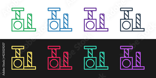 Set line Cat scratching post with toy icon isolated on black and white background. Vector
