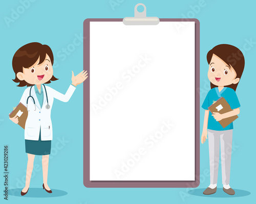 doctor and nurse standing next to information board