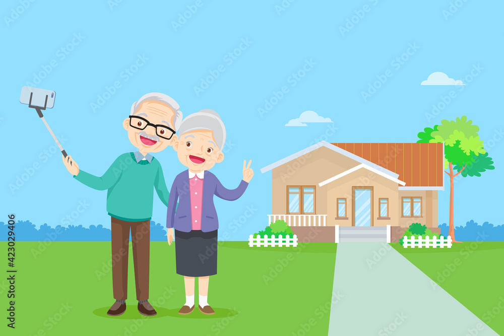 Elderly couple making selfie background of home Elderly couple making selfie background of home