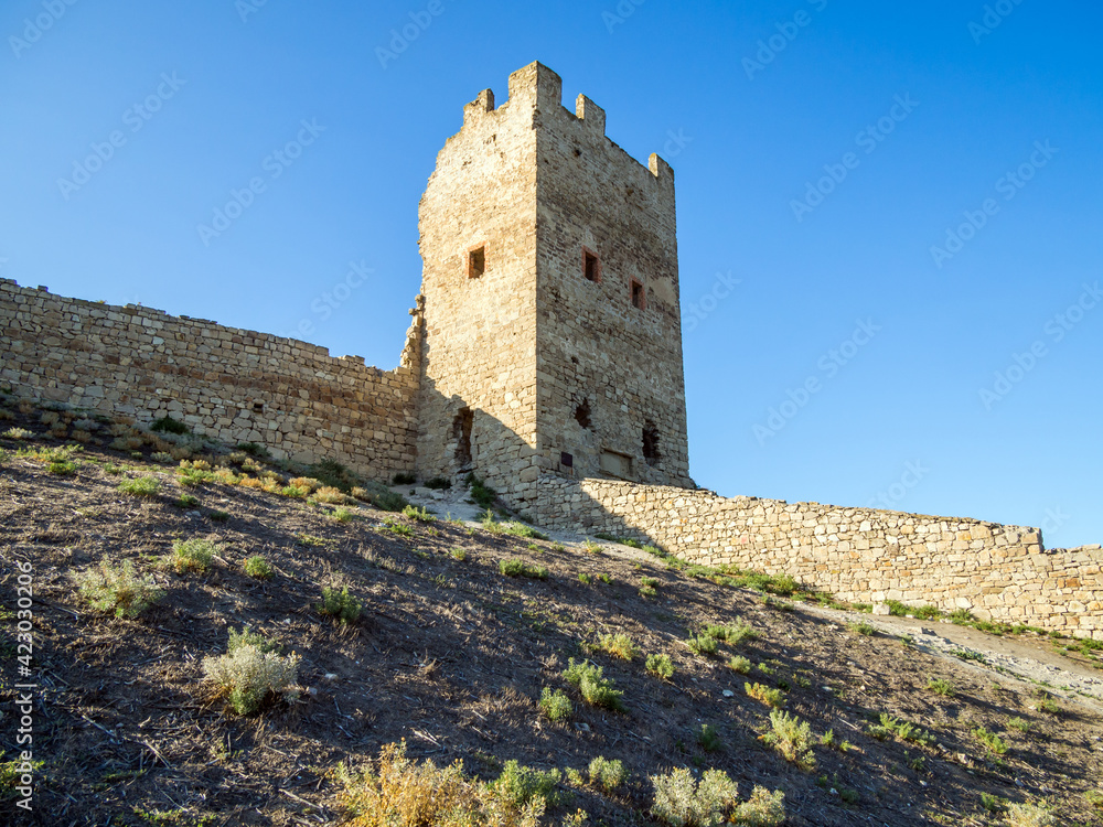 Fototapeta premium View of the Tower of Clement. Genoese fortress, city of Feodosia, Crimea