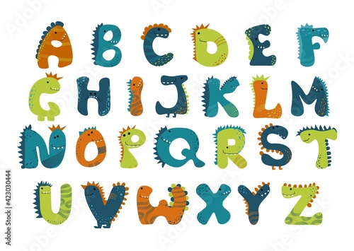 Dino alphabet Vector funny comic letters in cartoon style. Cute dinosaur abc illustration for kids, nursery, poster, card, birthday party, packaging paper design, baby t-shirts. Animal doodle font.