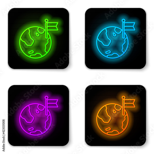 Glowing neon line Planet with flag icon isolated on white background. Victory, winning and conquer adversity concept. Black square button. Vector