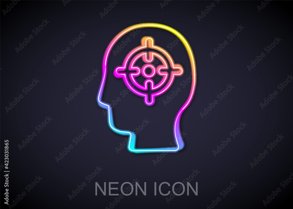 Glowing neon line Head hunting icon isolated on black background. Business target or Employment sign. Human resource and recruitment for business. Vector