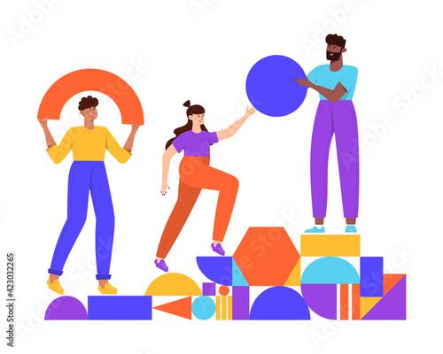 Teamwork, coworking, business partnership concept flat illustration. Characters with abstract geometrical shapes. Diverse people working together. Men and women organize abstract geometric figures