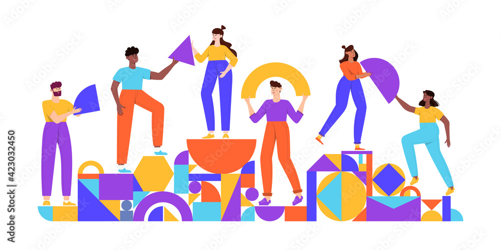 Fototapeta premium Teamwork, coworking, business partnership concept flat illustration. Characters with abstract geometrical shapes. Diverse people working together. Men and women organize abstract geometric figures