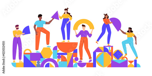 Teamwork, coworking, business partnership concept flat illustration. Characters with abstract geometrical shapes. Diverse people working together. Men and women organize abstract geometric figures