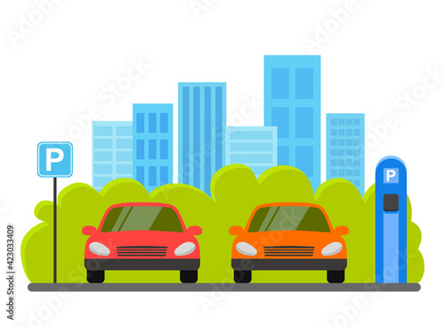 Parking lot vector illustration isolated on white background, flat parking lot sign near the car parked © mdyn