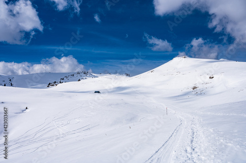 Snowy mountain landscape in Bucegi mountains, Transylvania, Romania