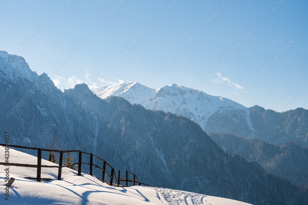 Romanian mountain landscape in Bucegi mountain range in winter