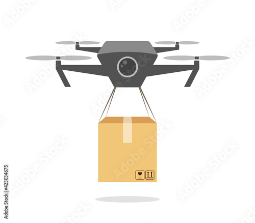 Drone delivering cardboard box. Daily delivery. Robot carrying carton box, airmail concept. Professional drone device, aircraft. Flat design