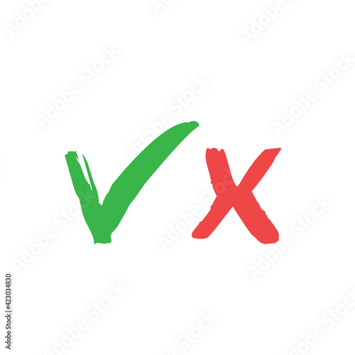 Check marks hand drawn style. Green Tick and red x. Approval vote symbols.