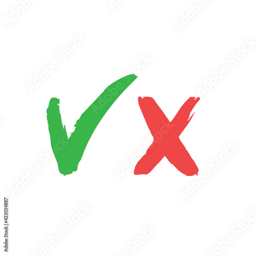 Check marks hand drawn style. Green Tick and red x. Approval vote symbols.