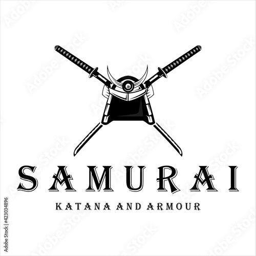 katana and helmet samurai logo vector vintage illustration template design. japanese armour and sword katana for samurai logo concept vector emblem template illustration design