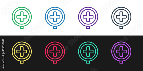 Set line Hospital road traffic icon isolated on black and white background. Traffic rules and safe driving. Vector