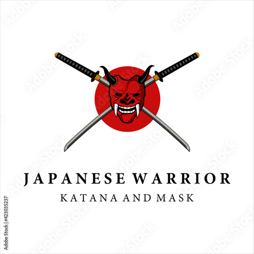 katana and mask samurai logo vector vintage template illustration design . japanese armour mask and katana sword for samurai logo concept template emblem illustration design