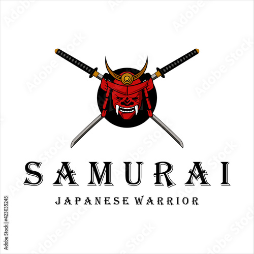katana and armour helmet and mask logo vintage vector illustration logo template design . japanese armour and katana sword for samurai logo template emblem logo vector illustration design