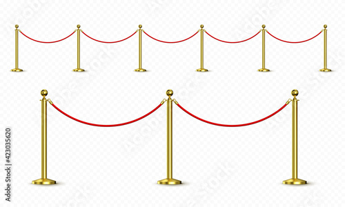 Realistic golden barricade with red rope