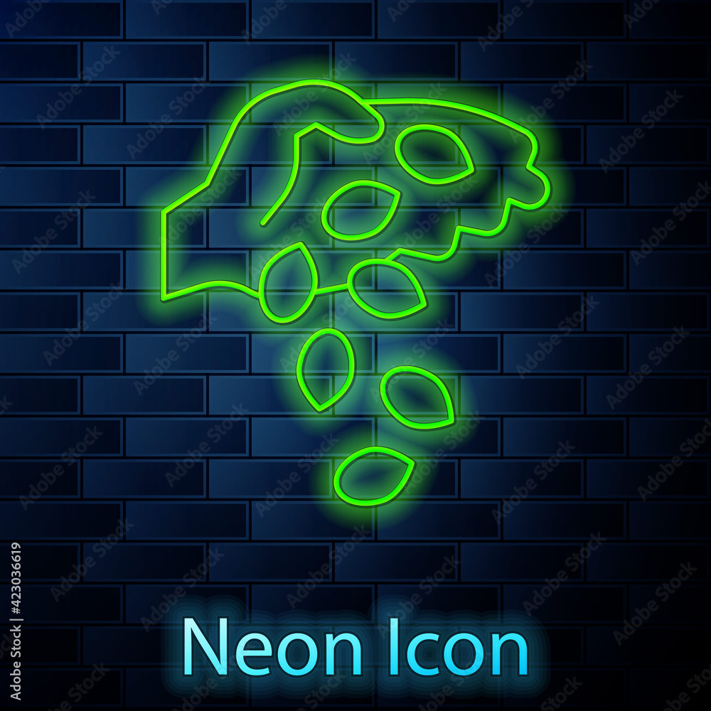 Glowing neon line Seeds of a specific plant icon isolated on brick wall background. Vector Glowing neon line Seeds of a specific plant icon isolated on brick wall background. Vector