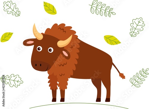 Cute cartoon bison on a white background. Element for print, postcard, and decor. Vector illustration