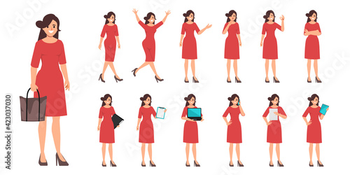 Businesswoman in dress clothes with job routine character pose.