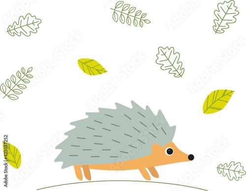 Cute cartoon hedgehog in forest on a white backgrount. Element for print, postcard and decor. Vector illustration