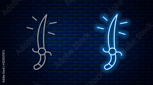 Glowing neon line Arabian saber icon isolated on brick wall background. Vector