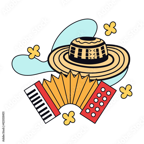 Vueltiao hat and accordion. Colombian Vallenata culture - Vector