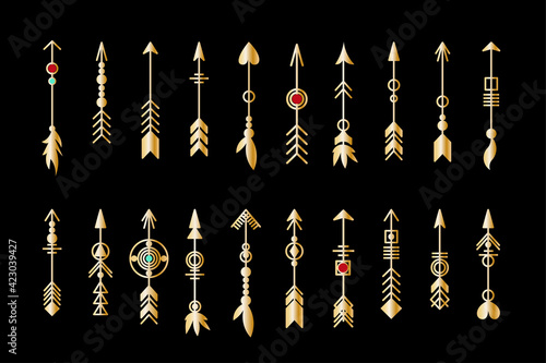 Set of gold arrow. Tribal elements collection. Geometric trendy hipster jewelry collection. Vector design elements.