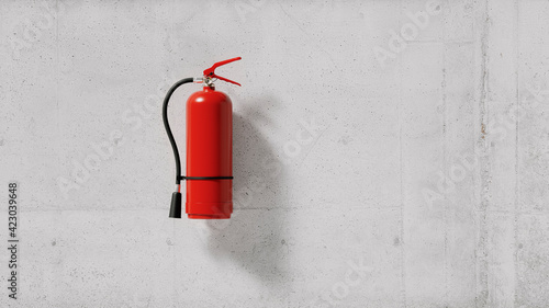 Quadro su tela Red fire extinguisher isolated on a concrete wall of a building, minimal protect