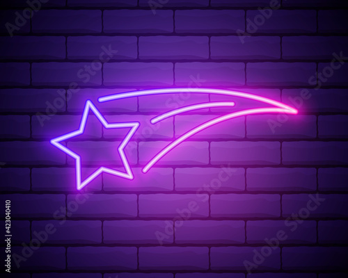 Glowing neon Falling star icon isolated on brick wall background. Shooting star with star trail. Meteoroid, meteorite, comet, asteroid, star icon. Vector Illustration