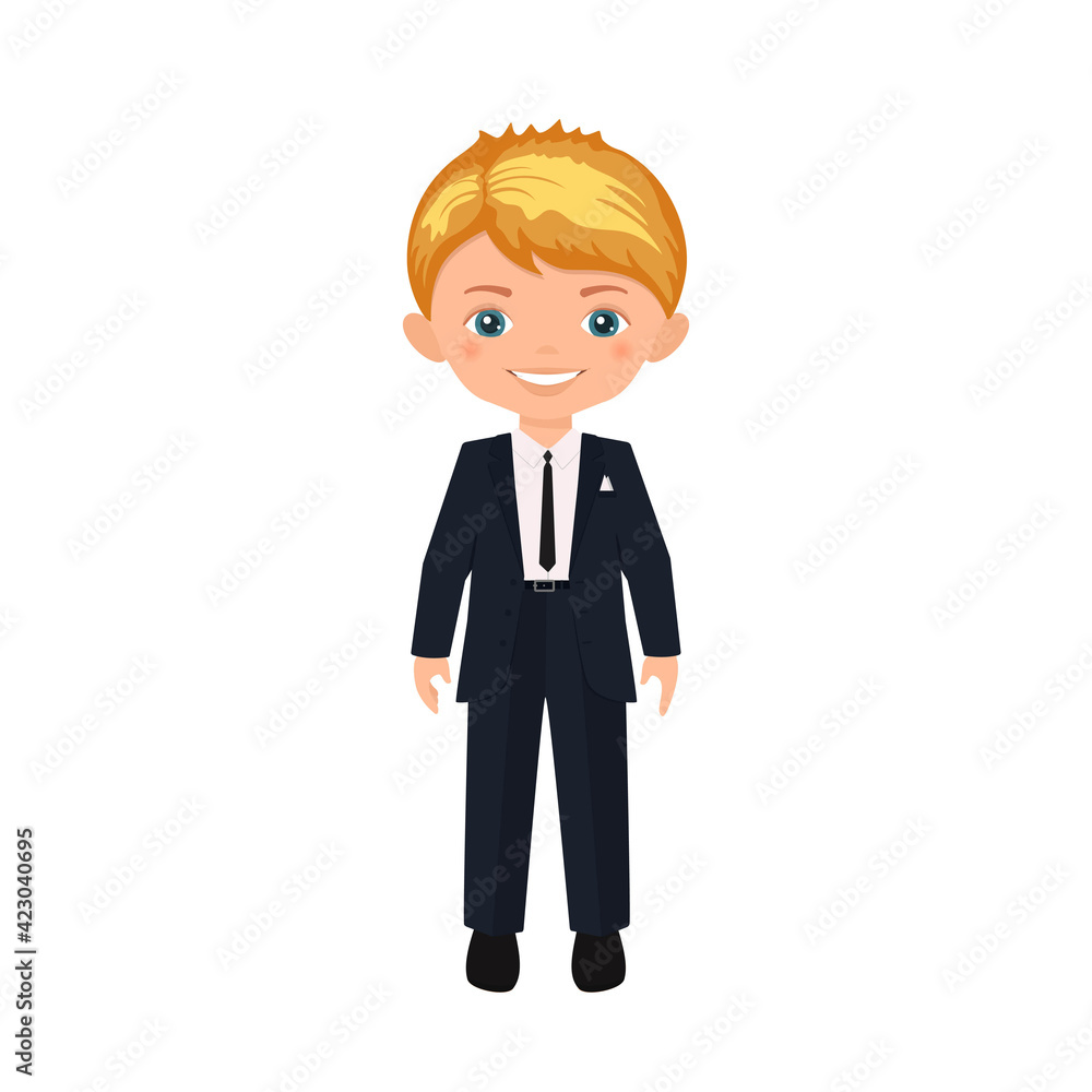 Cute boy character in business suit isolated on white background. Cartoon flat style