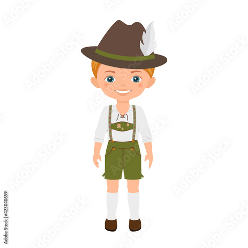 Cute boy character in German national costume isolated on white background. Cartoon flat style