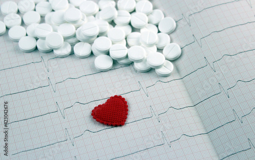 White round pills and a red heart on the background of an electrocardiogram. ECG result  medical examination of the heart