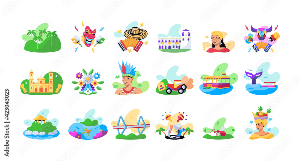 Set of Colombian tourist attractions - Vector illustration