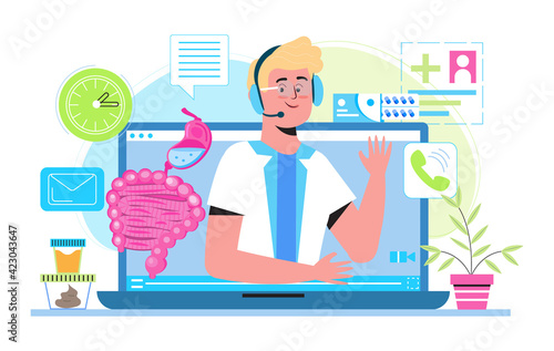 Proctologist online consultation concept vector for medical web. app. blog. Intestine doctors examine, treat dysbiosis. Tiny therapist of proctology