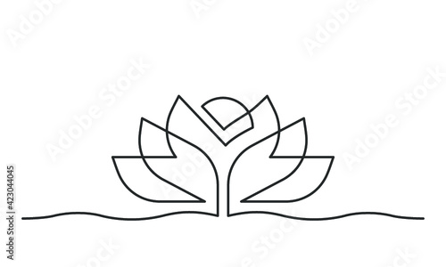 Continuous line drawing of lotus flower. Single line drawing of beautiful water lily for floral design or logo. Vector illustration