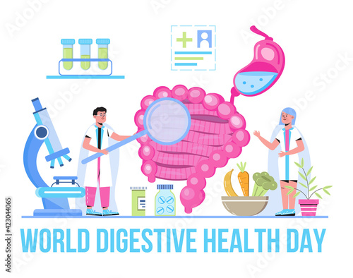 World digestive day is celebrated in 29 May. Intestine probiotic bacteria, lactobacillus info-graphic illustration vector. Tiny doctors treat stomach