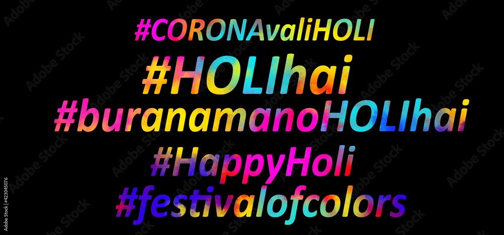 holi greetings in hash tags in colorful smoke background isolated in black