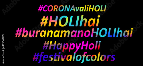 holi greetings in hash tags in colorful smoke background isolated in black