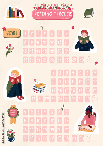 Habits Tracker for reading books on 3 months. Daily planner for read books with Stickers. Agenda of reading books for every day. Schedule for kids and students. Journal Bullet plan.