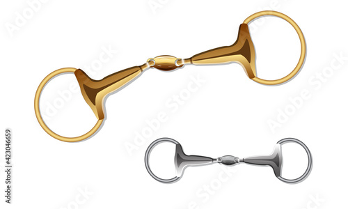 French link eggbutt snaffle bit in white and yellow gold metal with a lozenge isolated on white. Vector image