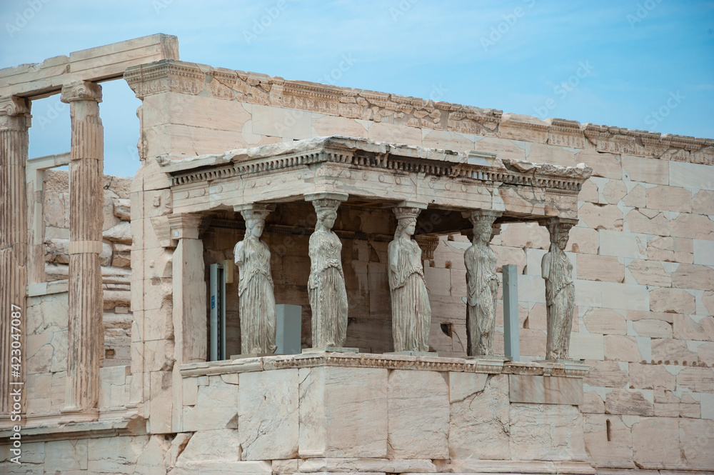 Erechtheion Temple dedicated to Goddess Athena on Acropolis hill, Athens, Greece