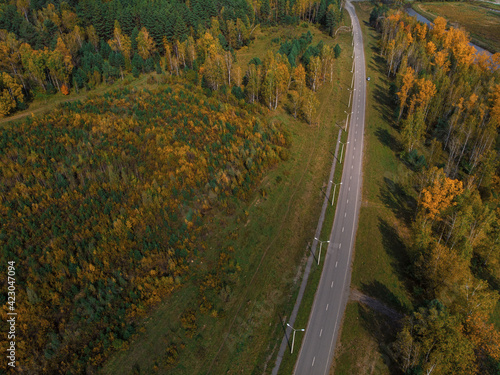Aerial view of road in beautiful autumn Altai forest