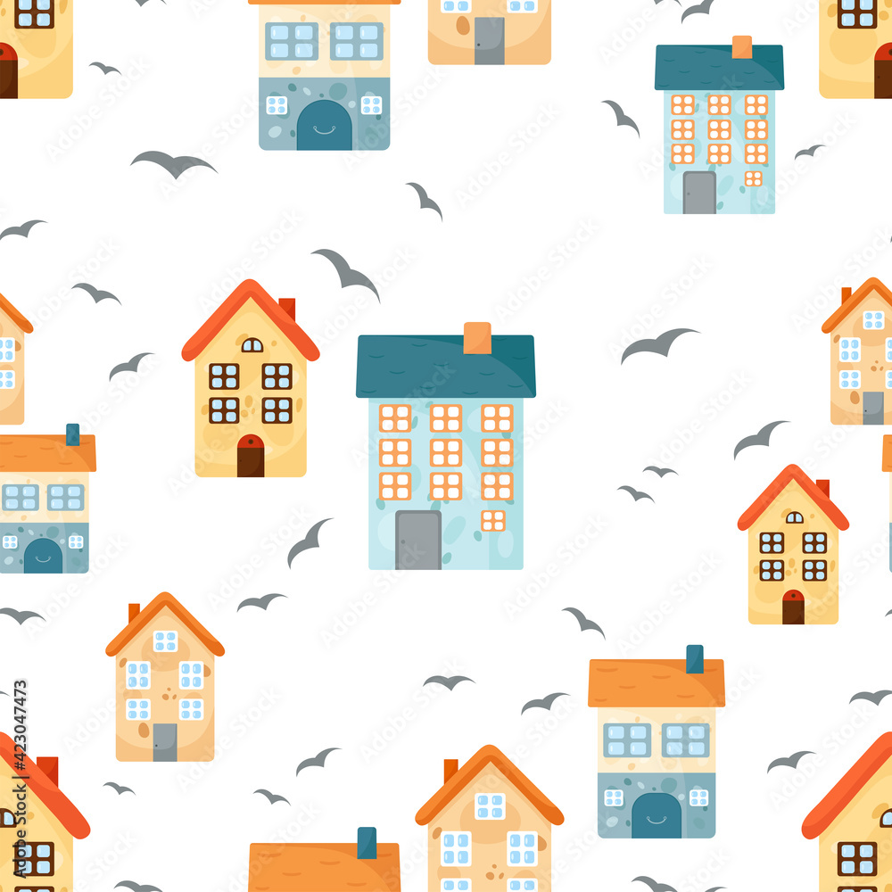 Seamless pattern with cute houses on white and transparent backgrounds. City living concept.