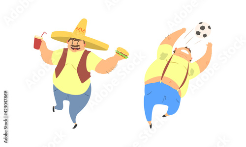 Funny Man Character with Fat Belly in Sombrero Drinking Soda and Catching Ball Vector Set